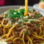 Cajun Beef Spaghetti in Creamy Three-Cheese Sauce