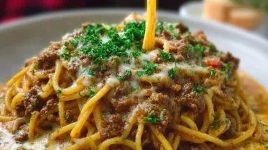 Cajun Beef Spaghetti in Creamy Three-Cheese Sauce