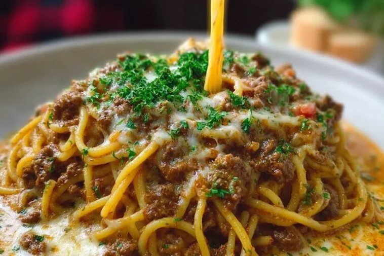 Cajun Beef Spaghetti in Creamy Three-Cheese Sauce