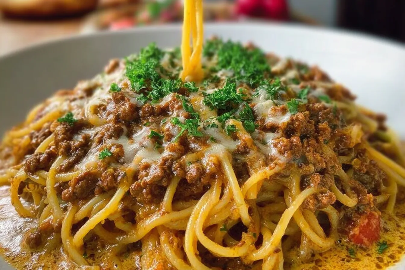 Cajun Beef Spaghetti in Creamy Three-Cheese Parmesan Sauce 