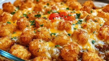 Cheesy Tater Tot Casserole Freshly Baked in a Dish