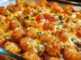 Cheesy Tater Tot Casserole Freshly Baked in a Dish