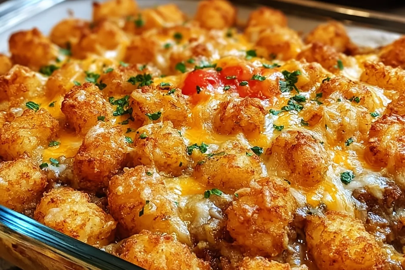 Cheesy Tater Tot Casserole Freshly Baked in a Dish
