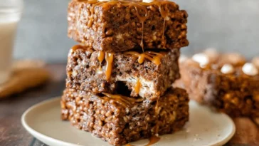 Chocolate Churro Rice Krispie Treats with Caramel Drizzle