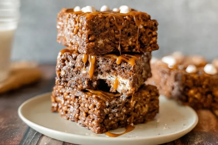 Chocolate Churro Rice Krispie Treats with Caramel Drizzle