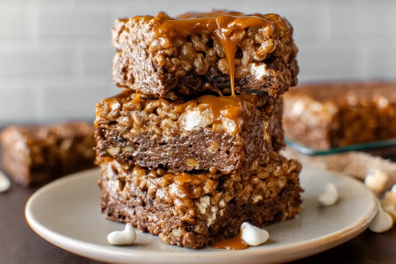 Chocolate Churro Rice Krispie Treats with Caramel Drizzle 
