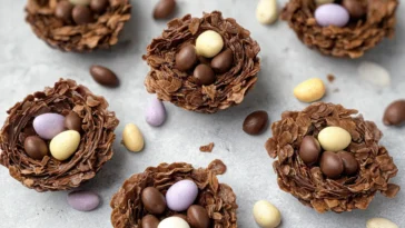 Chocolate Easter Nests Decorated with Colorful Eggs