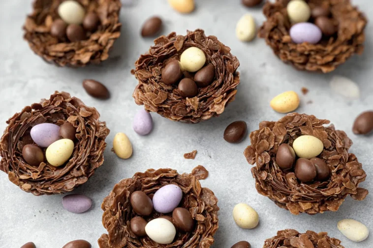 Chocolate Easter Nests Decorated with Colorful Eggs