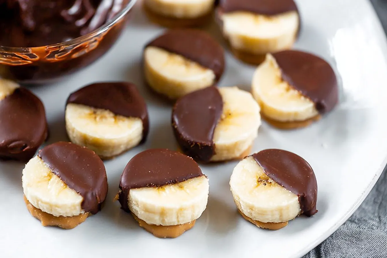 Chocolate Peanut Butter Banana Bites: Irresistibly Delicious! 3 Chocolate Peanut Butter Banana Bites on a Plate