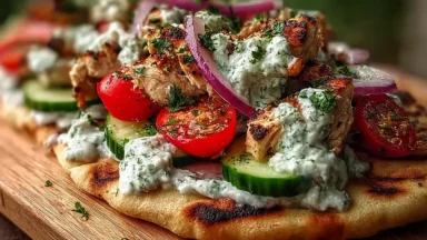 Creamy Greek Chicken Flatbread with Tzatziki