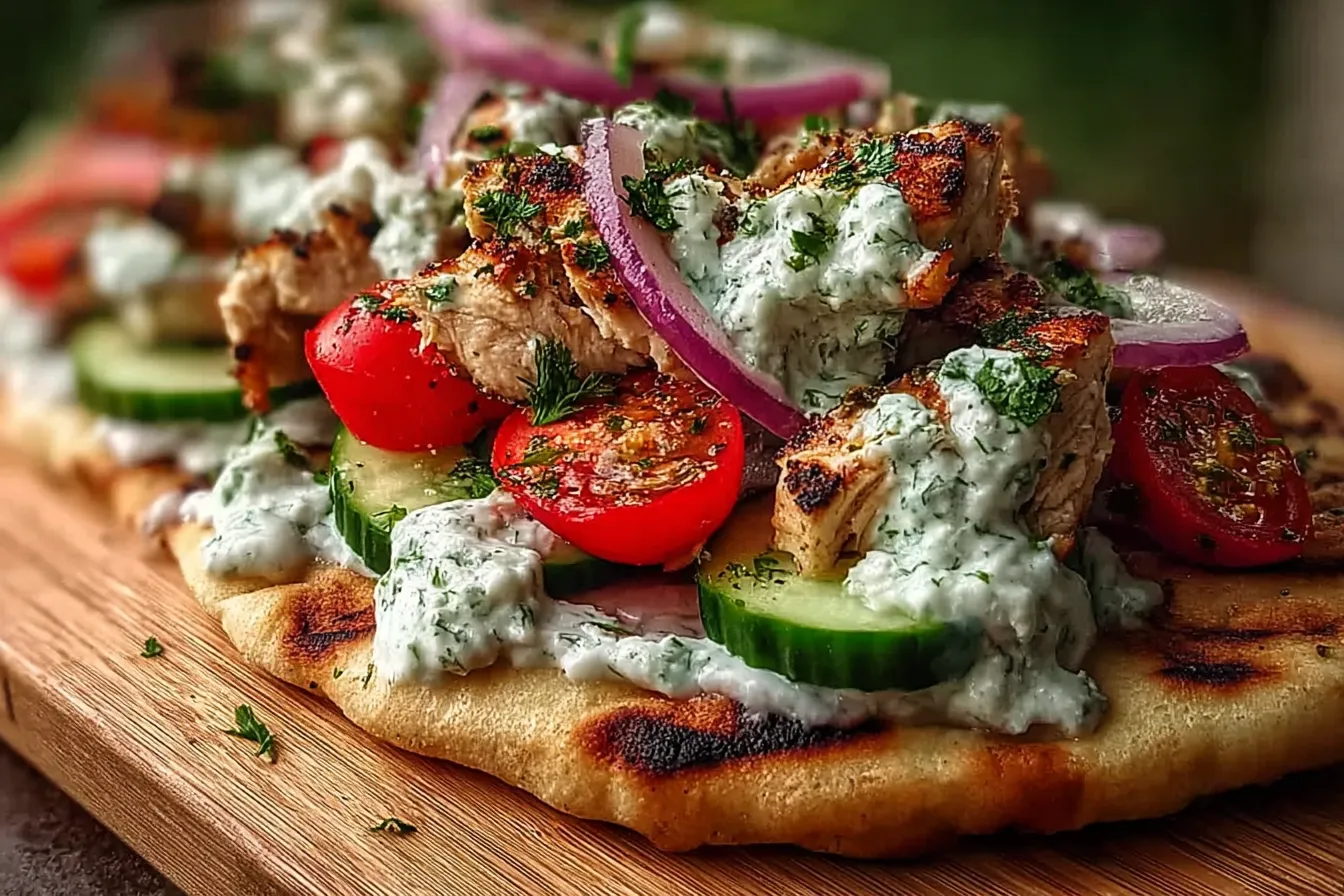 Creamy Greek Chicken Flatbread with Tzatziki & Fresh Veggies 3 Creamy Greek Chicken Flatbread with Tzatziki