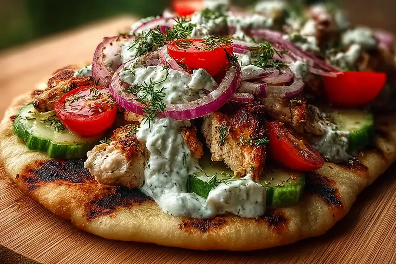 Creamy Greek Chicken Flatbread with Tzatziki, Cucumbers, Tomatoes & Red Onion 