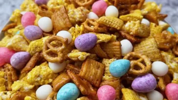 Easter Puff Corn Crunch Snack Mix in a Colorful Bowl