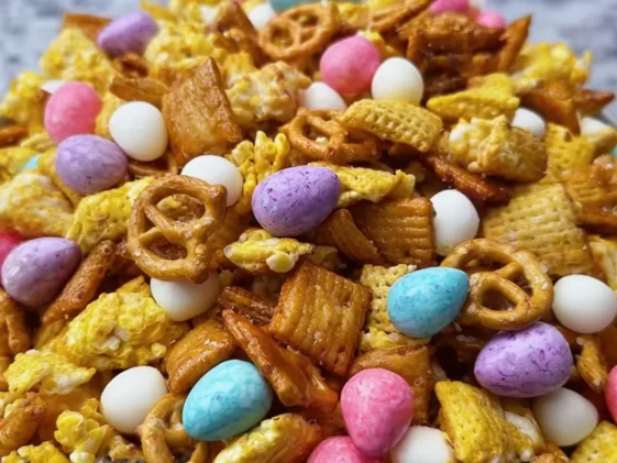 Easter Puff Corn Crunch Snack Mix in a Colorful Bowl