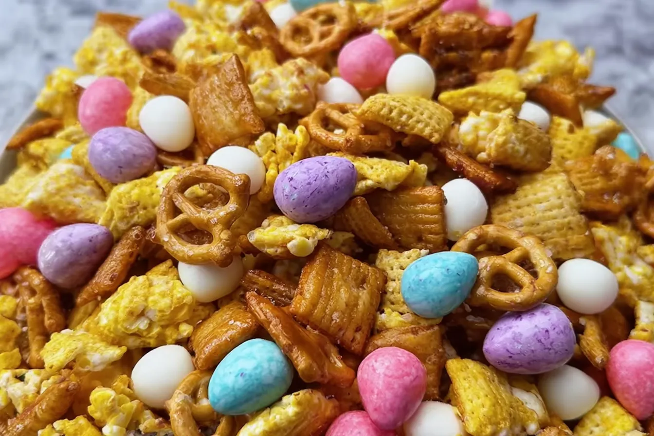 Easter Puff Corn Crunch Snack Mix in a Colorful Bowl