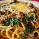 Garlic Butter Spaghetti with Cheesy Italian Sausage and Spinach Dish