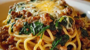 Garlic Butter Spaghetti with Cheesy Italian Sausage and Spinach Dish