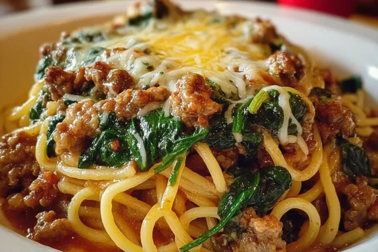 Garlic Butter Spaghetti with Cheesy Italian Sausage and Spinach Dish