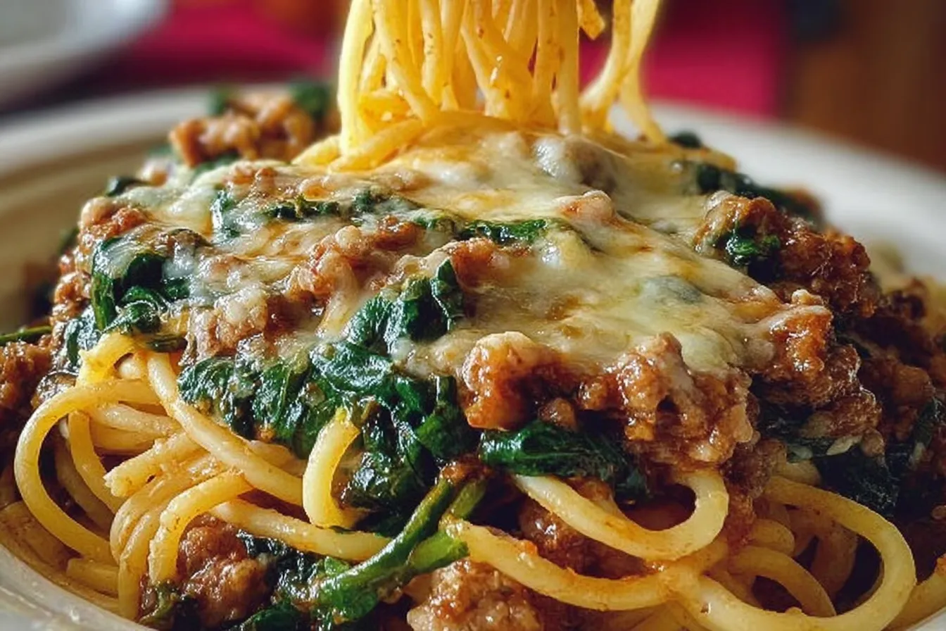 Garlic Butter Spaghetti with Cheesy Italian Sausage and Spinach 
