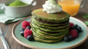 Green Pancakes on a Plate with Fresh Fruit