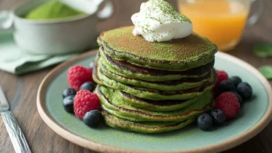Green Pancakes on a Plate with Fresh Fruit