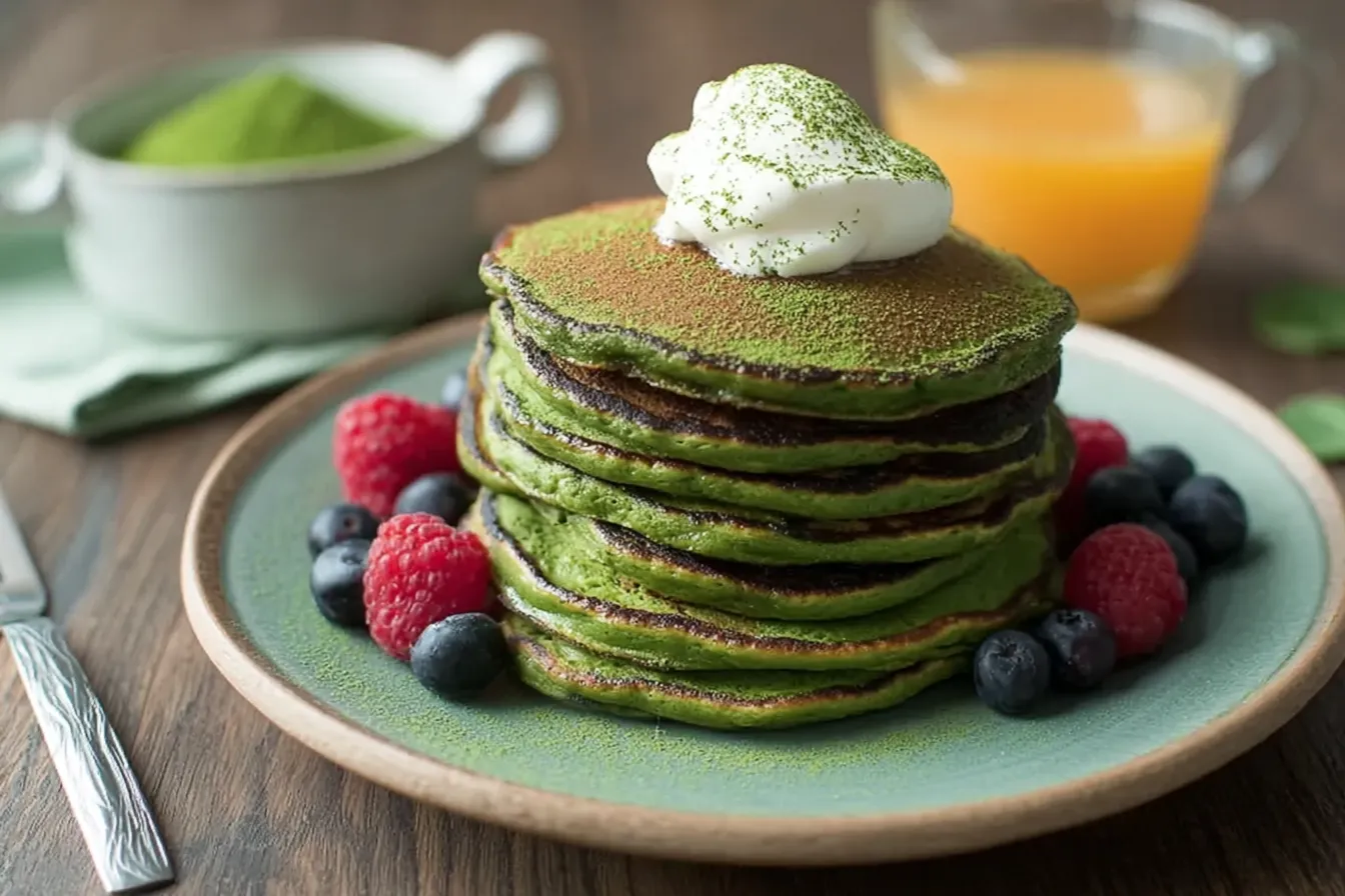 Green Pancakes on a Plate with Fresh Fruit