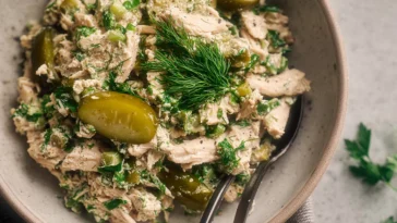 High-Protein Dill Pickle Chicken Salad in a Bowl