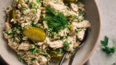 High-Protein Dill Pickle Chicken Salad in a Bowl