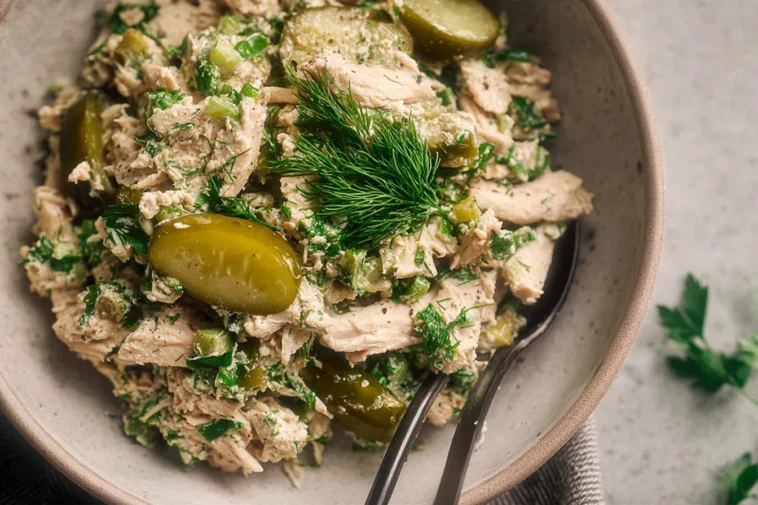High-Protein Dill Pickle Chicken Salad in a Bowl