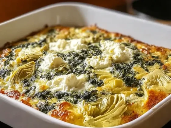High Protein Spinach Artichoke Bake Fresh from the Oven