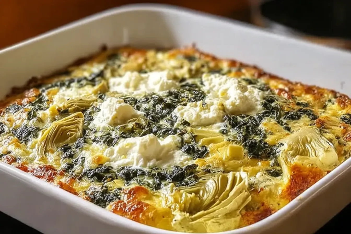 High Protein Spinach Artichoke Bake Fresh from the Oven