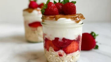 High-Protein Strawberry Oat Yogurt Parfait in a Bowl