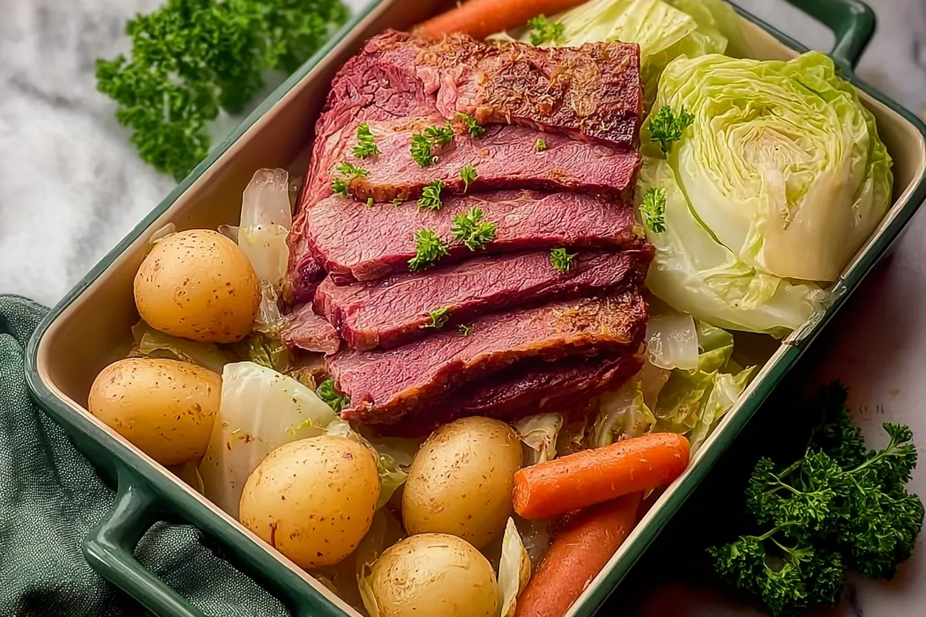 Irresistible Corned Beef and Cabbage Without Beer – A Must-Try Recipe 3 Irresistible Corned Beef and Cabbage Without Beer on a Platter