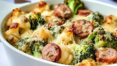 Keto Broccoli and Cauliflower Au Gratin With Sausage Delight