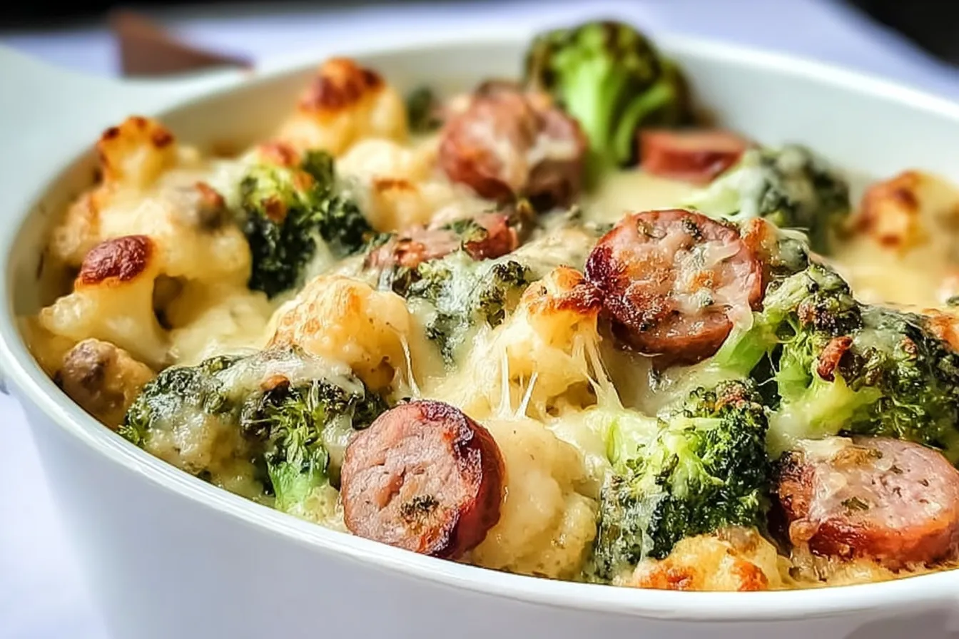 Keto Broccoli and Cauliflower Au Gratin With Sausage Delight