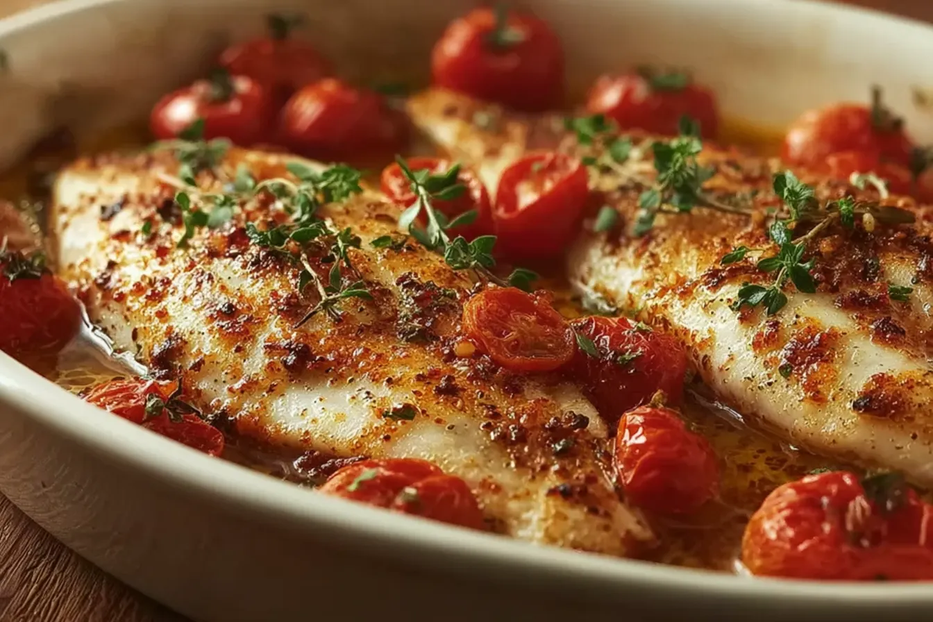 Mediterranean Style Baked Tilapia Plated with Lemon & Herbs