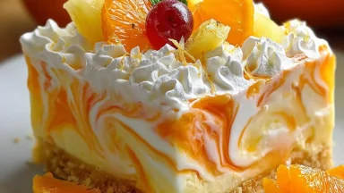 No-Bake Orange Pineapple Swirl Cheesecake Slice