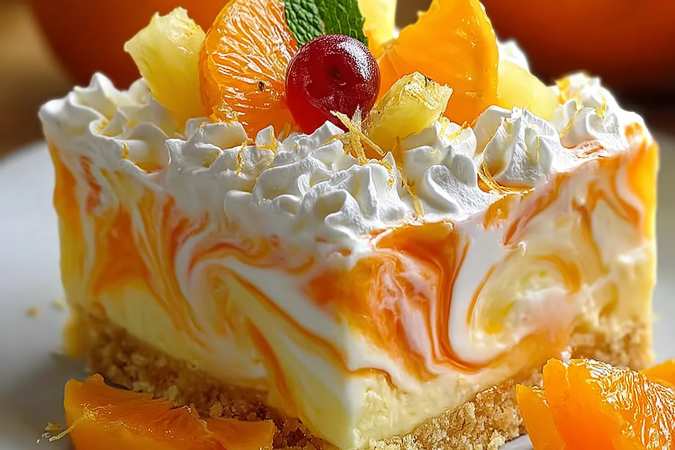 No-Bake Orange Pineapple Swirl Cheesecake Slice