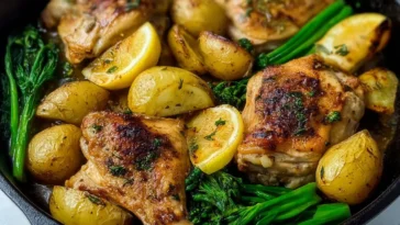 One-pan Lemon Garlic Chicken and Potatoes Ready to Serve