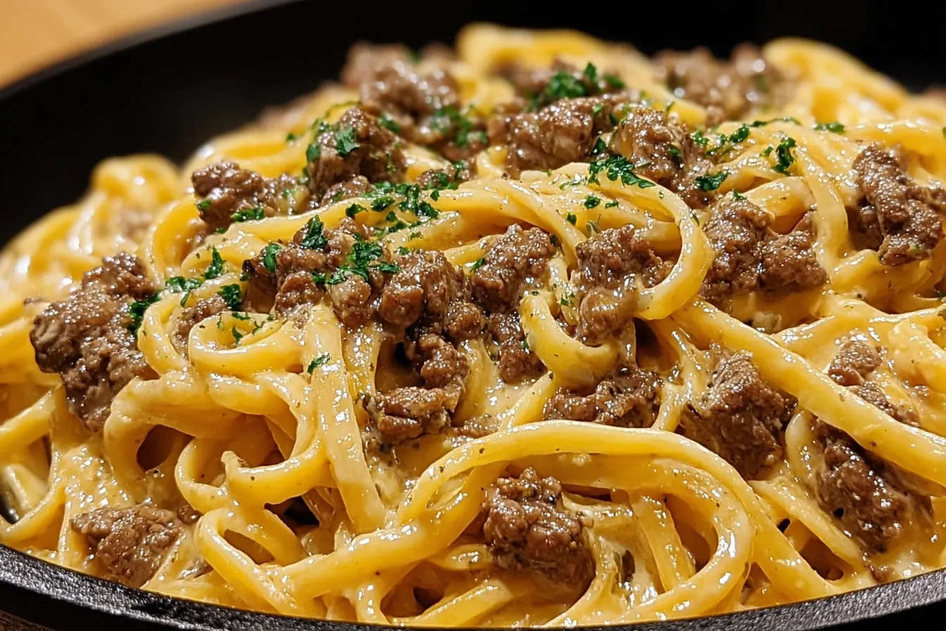 One-Pot Creamy Beef and Garlic Butter Pasta 
