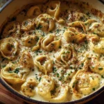 One Pot Creamy Garlic Tortellini on a Rustic Table