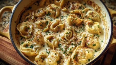One Pot Creamy Garlic Tortellini on a Rustic Table