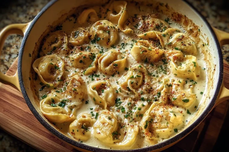 One Pot Creamy Garlic Tortellini on a Rustic Table