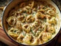 One Pot Creamy Garlic Tortellini on a Rustic Table