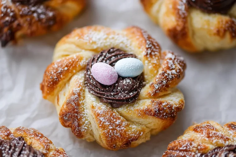 Puff Pastry Easter Nests: Delightful Treat for Spring Celebrations 3 Adorable Puff Pastry Easter Nests on a Spring Table
