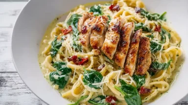 Simple Creamy Chicken Pesto Pasta with Spinach - Tasty Dish