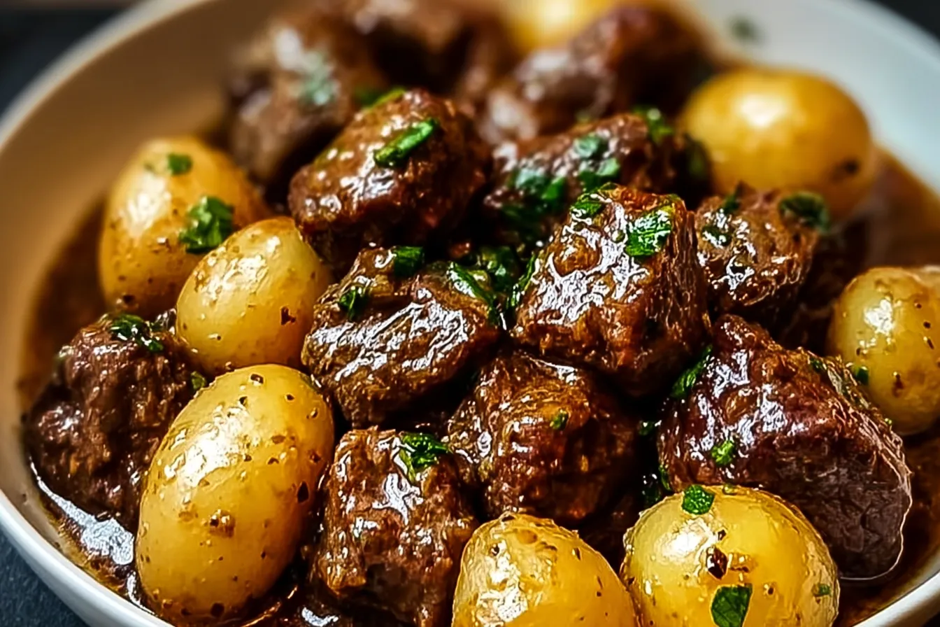 Slow Cooker Garlic Butter Beef Bites & Potatoes 