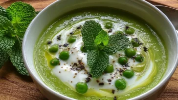 Spring Pea & Mint Velouté with Crème Fraîche Marbling in a Bowl