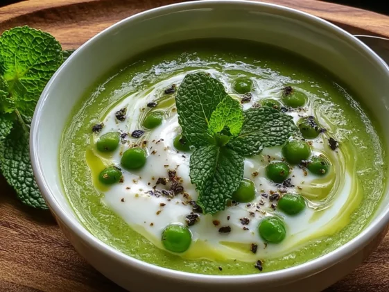 Spring Pea & Mint Velouté with Crème Fraîche Marbling in a Bowl