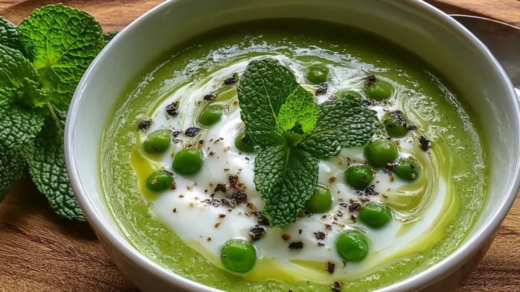 Spring Pea & Mint Velouté with Crème Fraîche Marbling in a Bowl